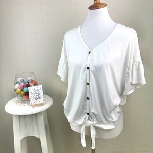 Reborn J White Button Up Tie Front Ruffle Short Sleeve Top